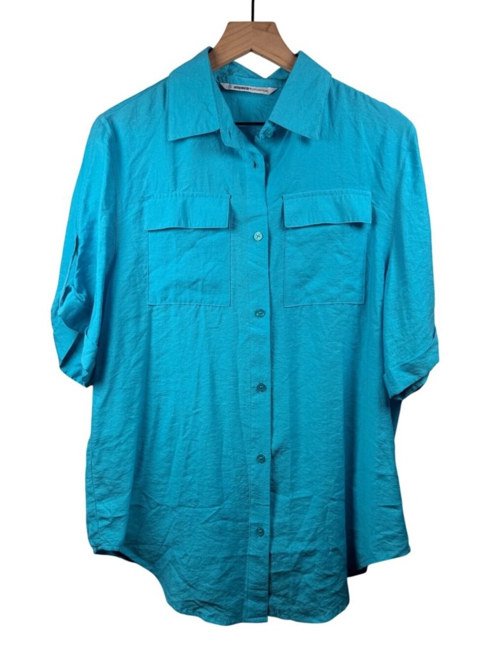 Andrea Turquoise Button Down Blouse |Loose Fit Minimalist Chic Top | Size L